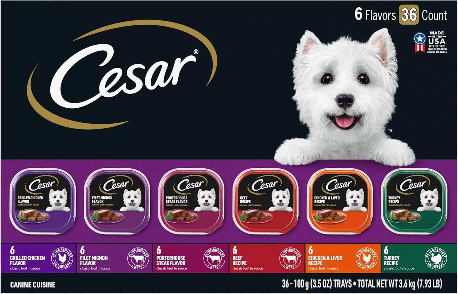Cesar Adult Wet Dog Food Classic Loaf in Sauce Grilled Chicken, Filet Mignon, Porterhouse Steak, Beef, Chicken & Liver and Turkey Variety Pack