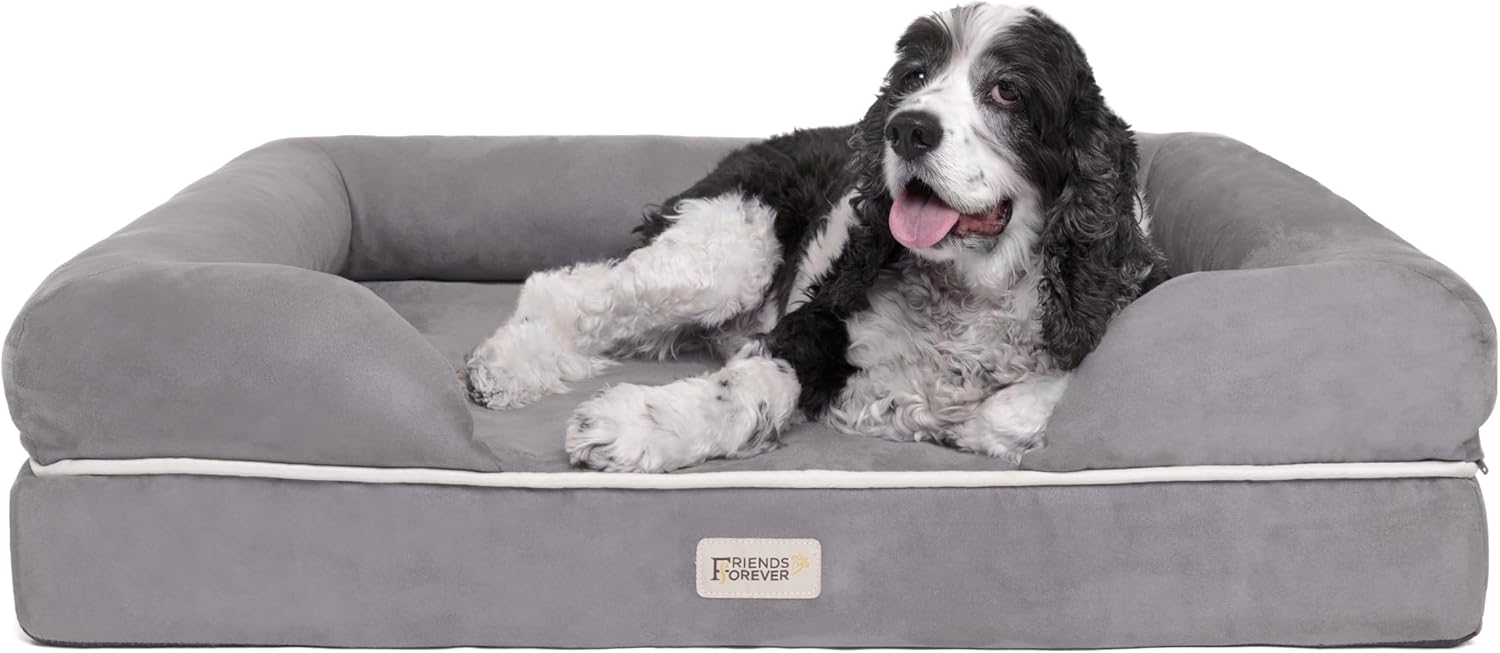 Chester Large Grey Dog Bed - Orthopedic Memory Foam Mattress, Calming Couch, Wall Rim Pillow, Water Resistant, Washable Cover, Non-Slip