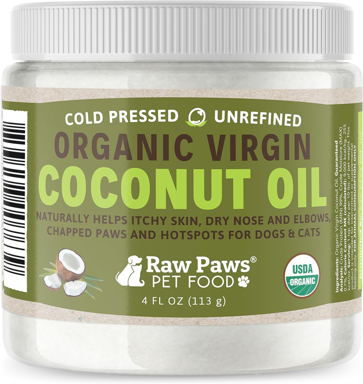 Raw Paws Virgin Organic Coconut Oil for Dogs & Cats, Treatment for Itchy Skin, Dry Nose, Paws - Natural Hairball Remedy for Cats