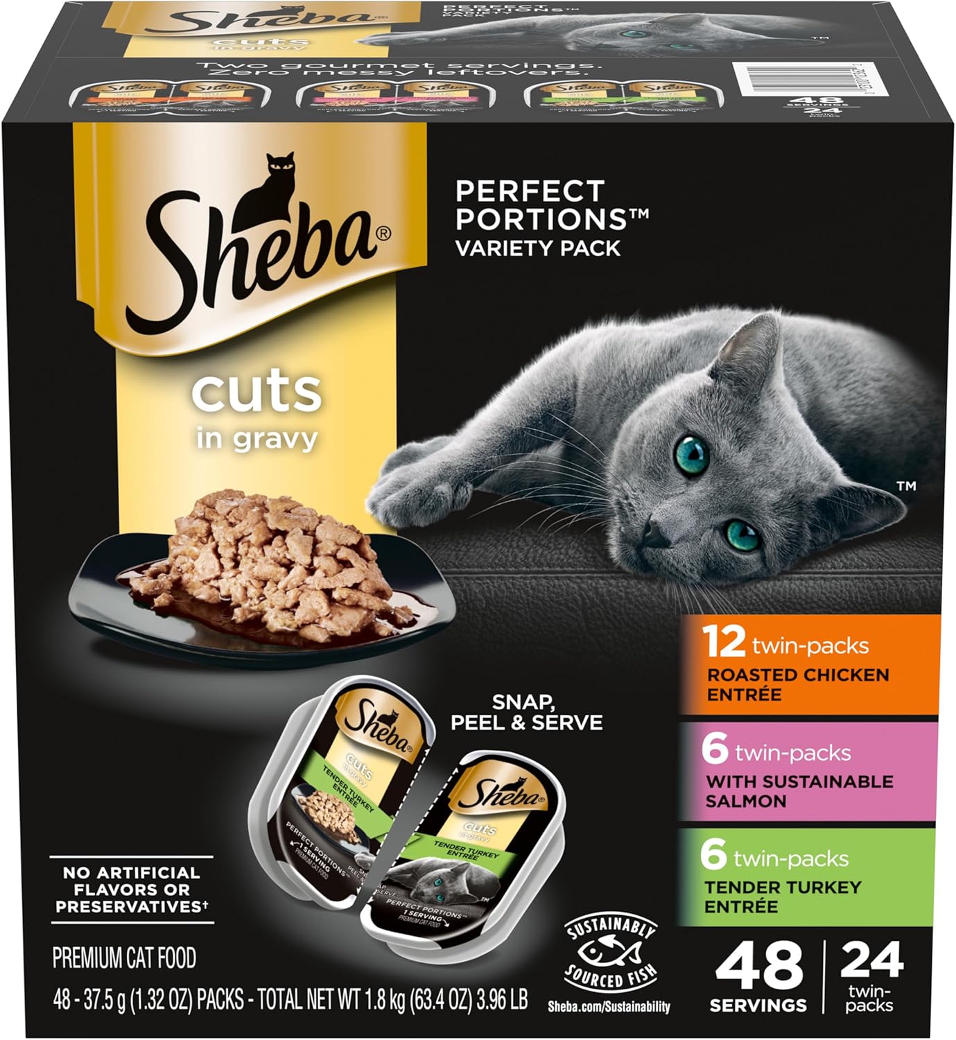 Sheba Perfect Portions Wet Cat Food Cuts in Gravy Variety Pack, Roasted Chicken Entree, With Sustainable Salmon, and Tender Turkey Entree