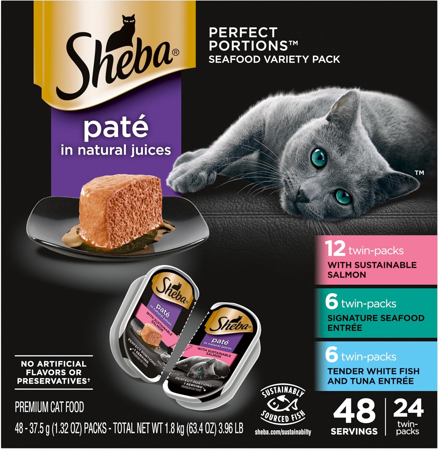 Sheba Perfect Portions Wet Cat Food Pate With Sustainable Salmon and Tender White Fish and Tuna Entree Variety Pack